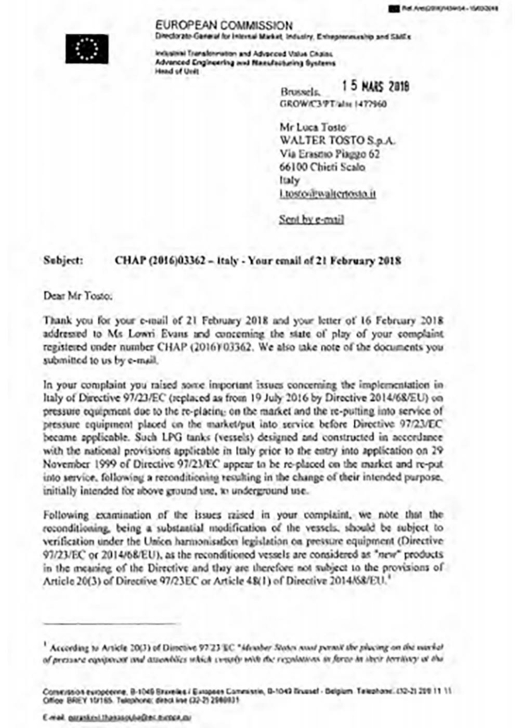 Prima pagina della lettera della Commissione Europea del 15 marzo 2018 indirizzata a Walter Tosto S.p.A., oggetto pratica CHAP, su serbatoi GPL ricondizionati e applicazione della normativa europea sulle attrezzature a pressione.