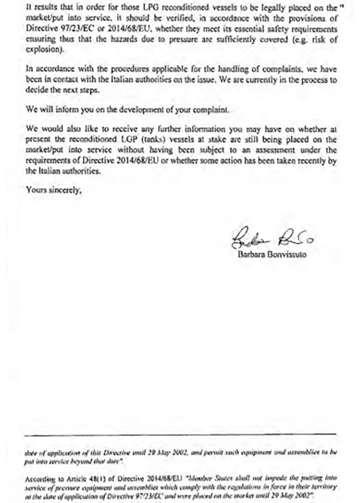 Pagina finale della lettera della Commissione Europea con testo su serbatoi GPL ricondizionati, verifica ai sensi delle Direttive 97 23 CE e 2014 68 UE, e firma Barbara Bonvissuto.